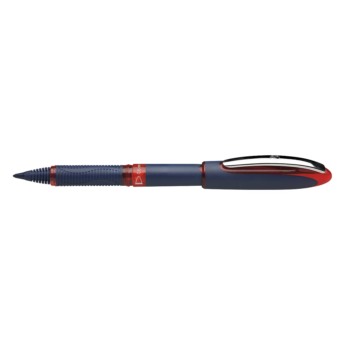 Blue and red ballpoint pen tapering to a point.