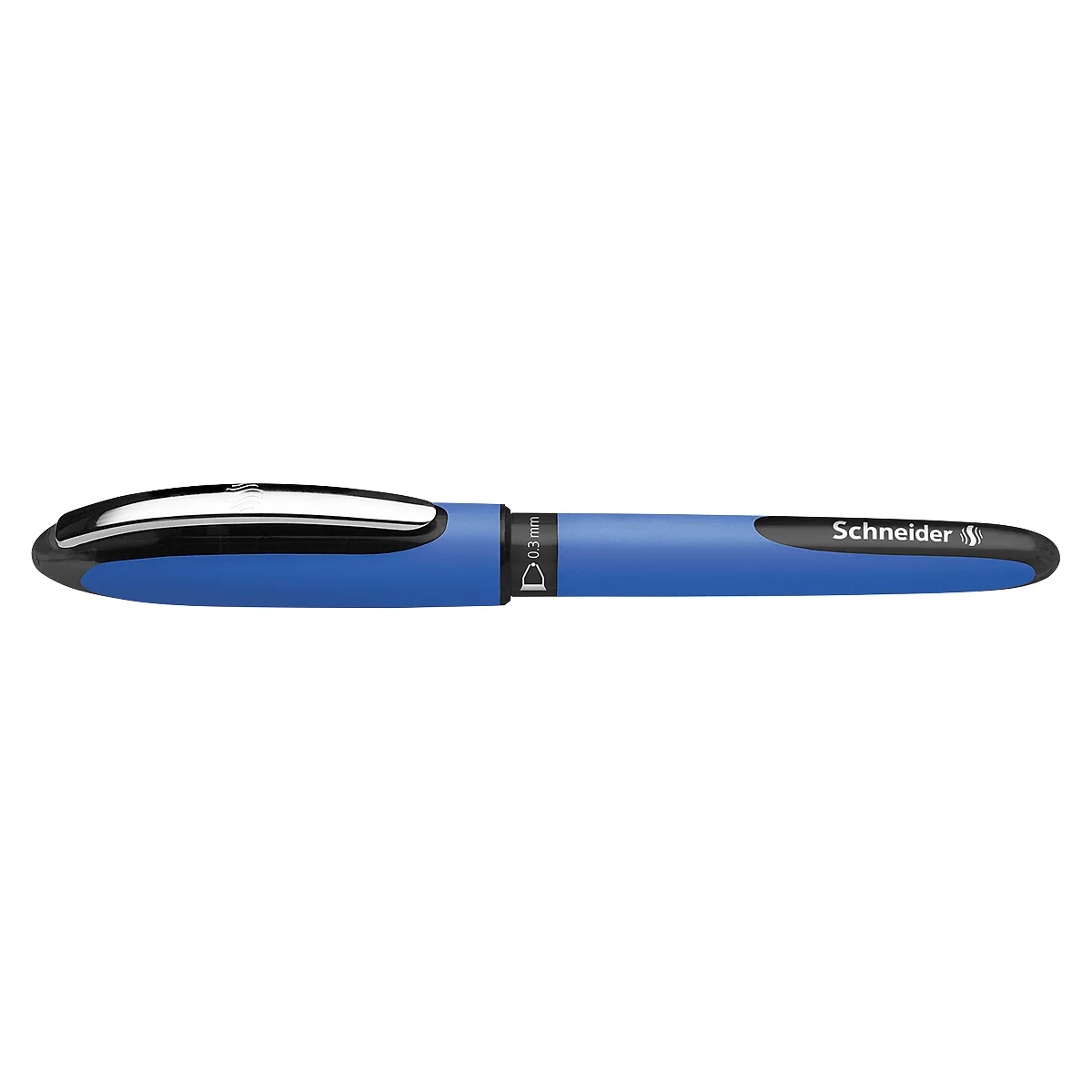 Blue ballpoint pen with a black cap and grip area. "Schneider" is written on the shaft.