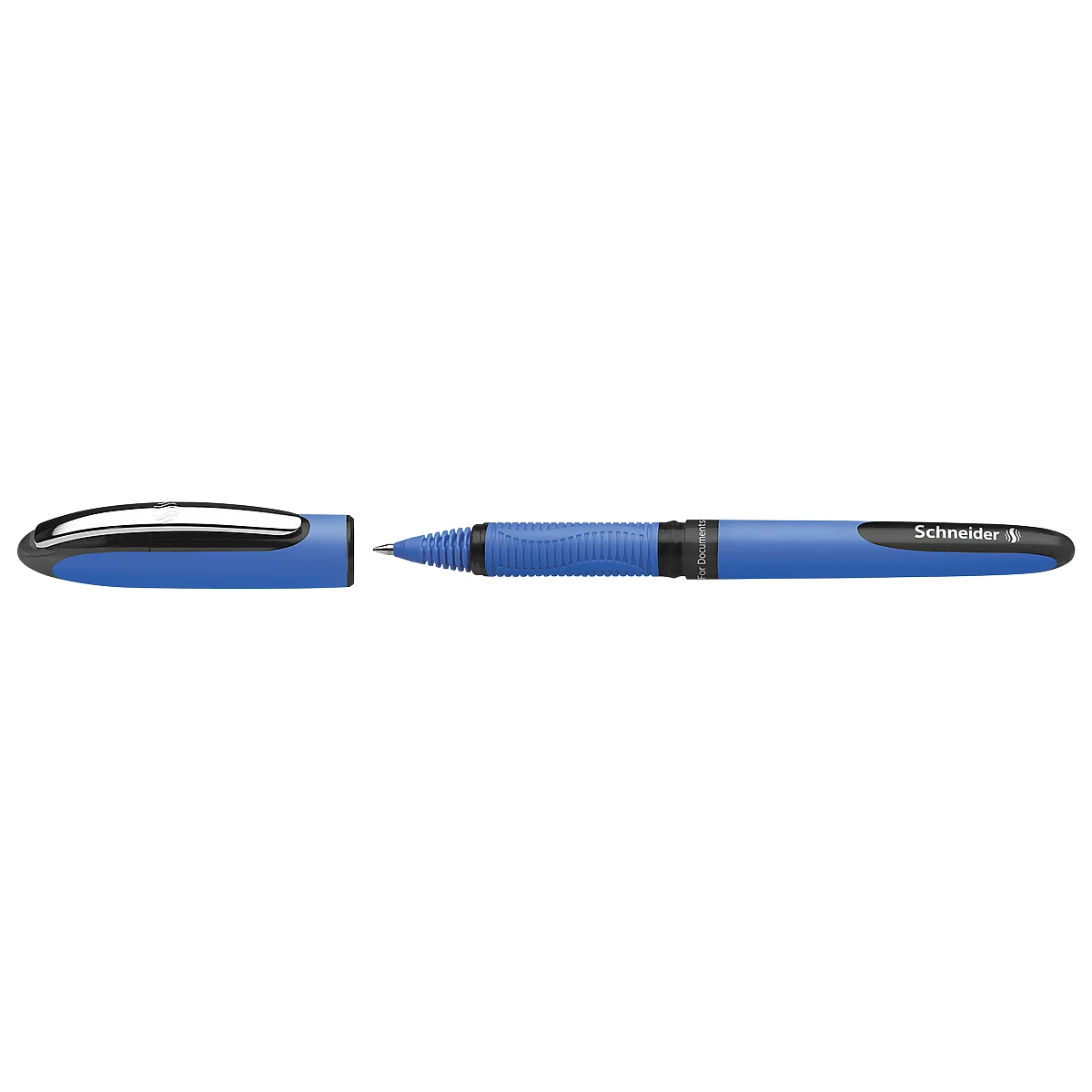 Blue ballpoint pen with a black cap lying next to it. The pen says "Schneider".
