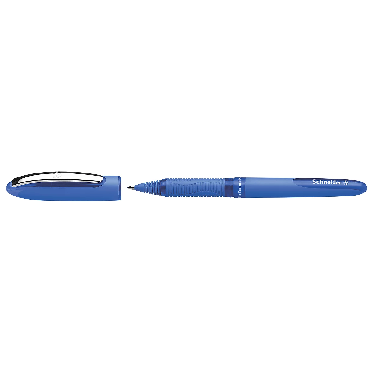 Blue ballpoint pen with cap next to it. The word "Schneider" is written on the shaft.