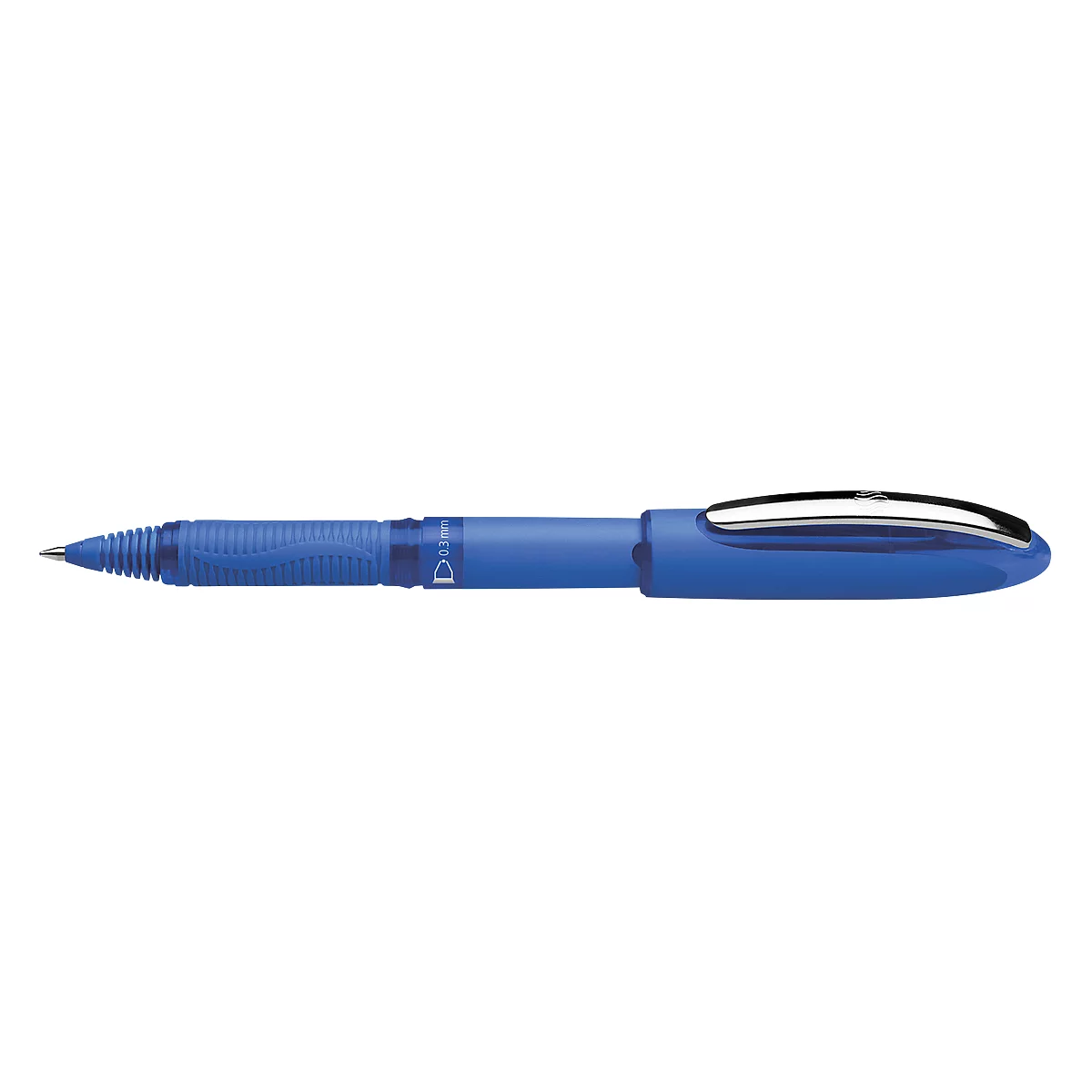 Blue ballpoint pen with metal tip and clip. Plastic body with rubberized grip zone.