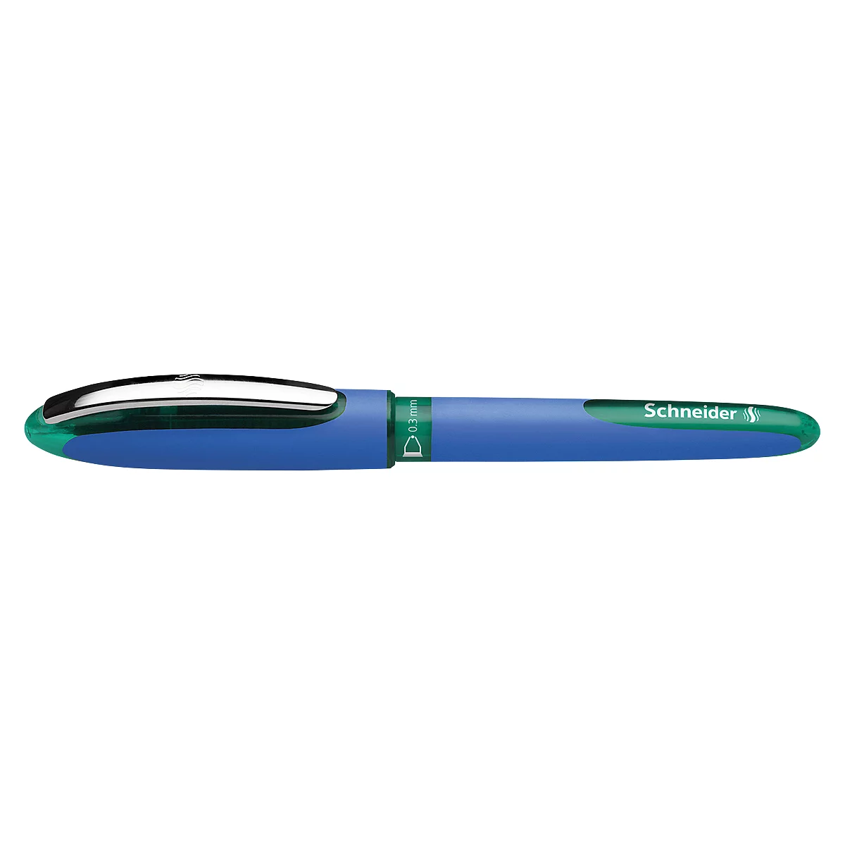 Blue pen with green clip and Schneider 1 inscription.