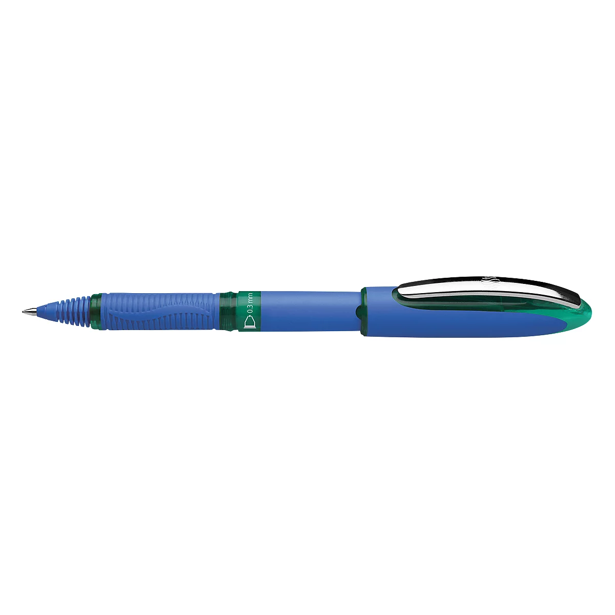 Blue ballpoint pen on a white background. The shaft is blue, partially ribbed, with green and silver accents.