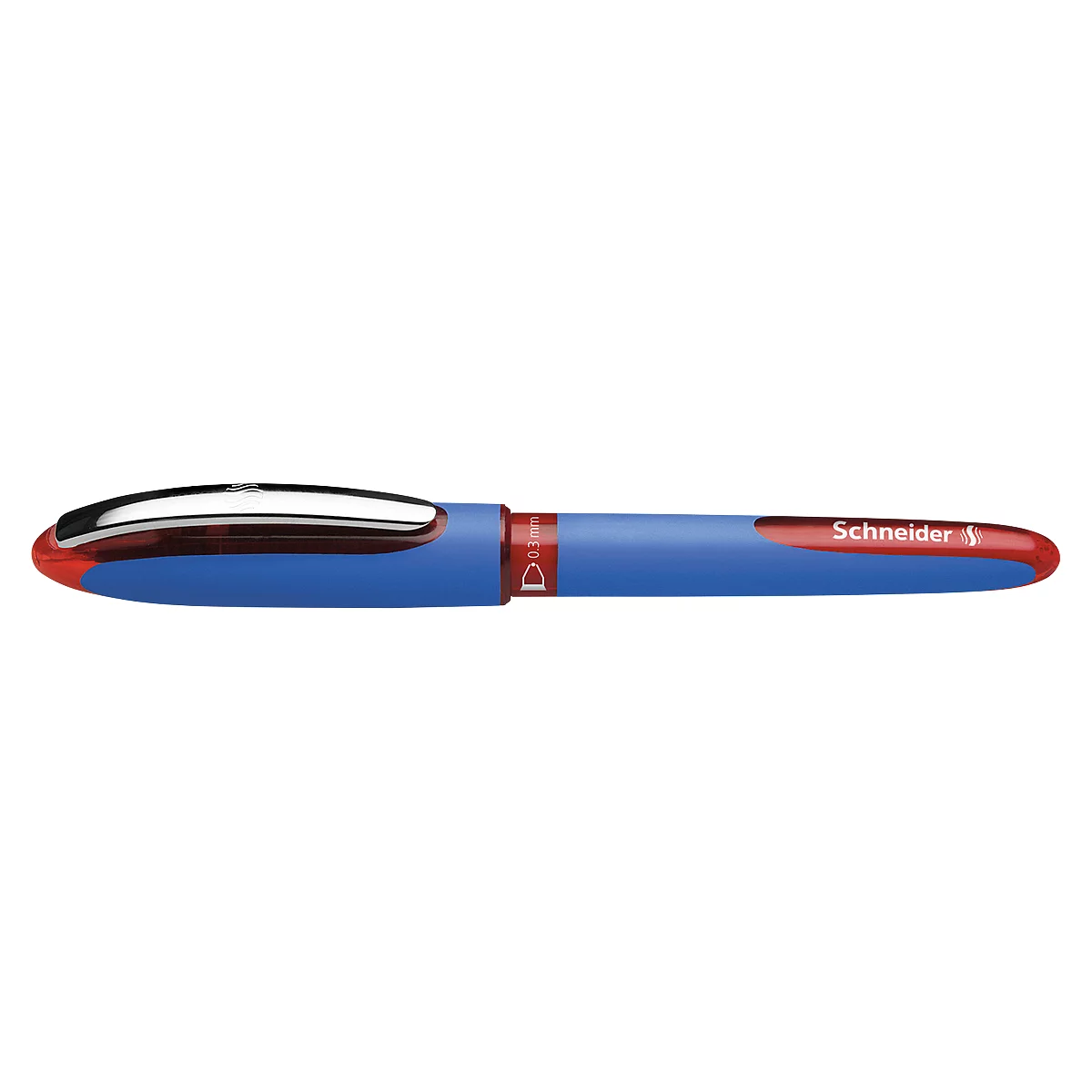 Blue pen with red tip and clip. "Schneider" printed on it.