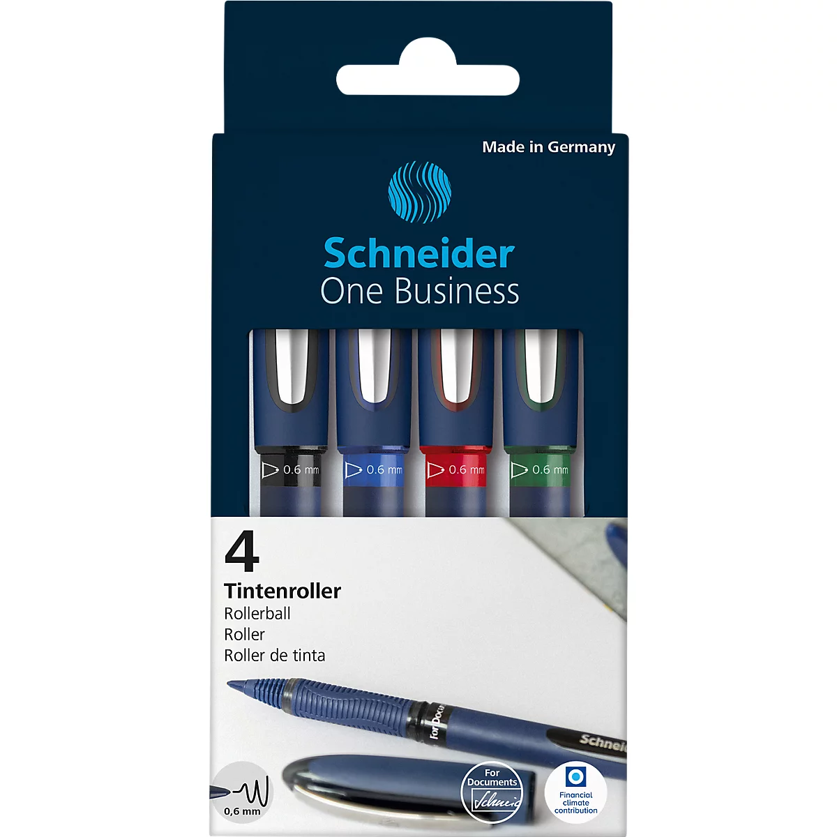 Packung mit vier Schneider One Business Tintenrollern in Schwarz, Blau, Rot und Grün.