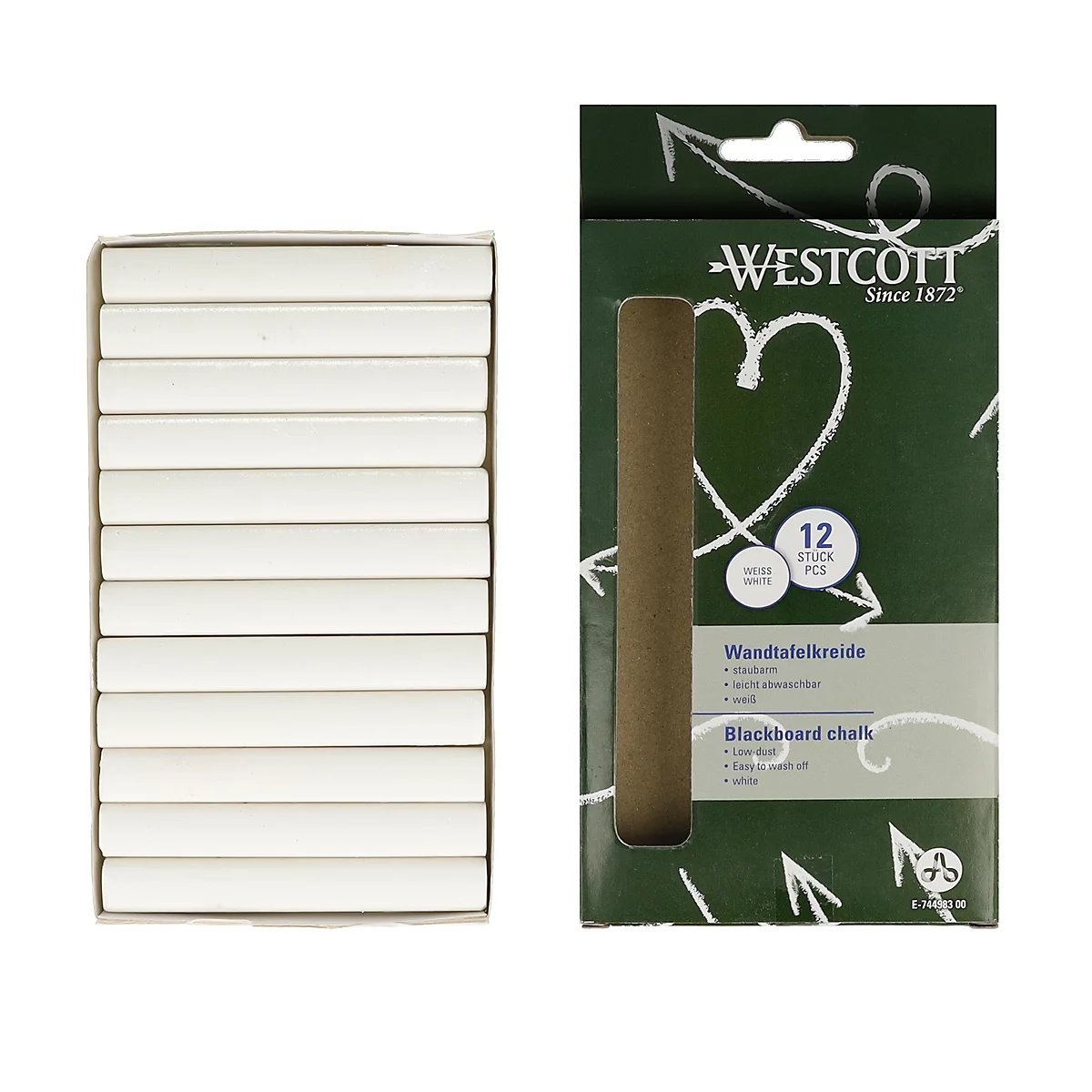 Schoolbordkrijt Westcott, wit, stofarm, gemakkelijk afwasbaar, 12 x 84 mm, 12 stuks
