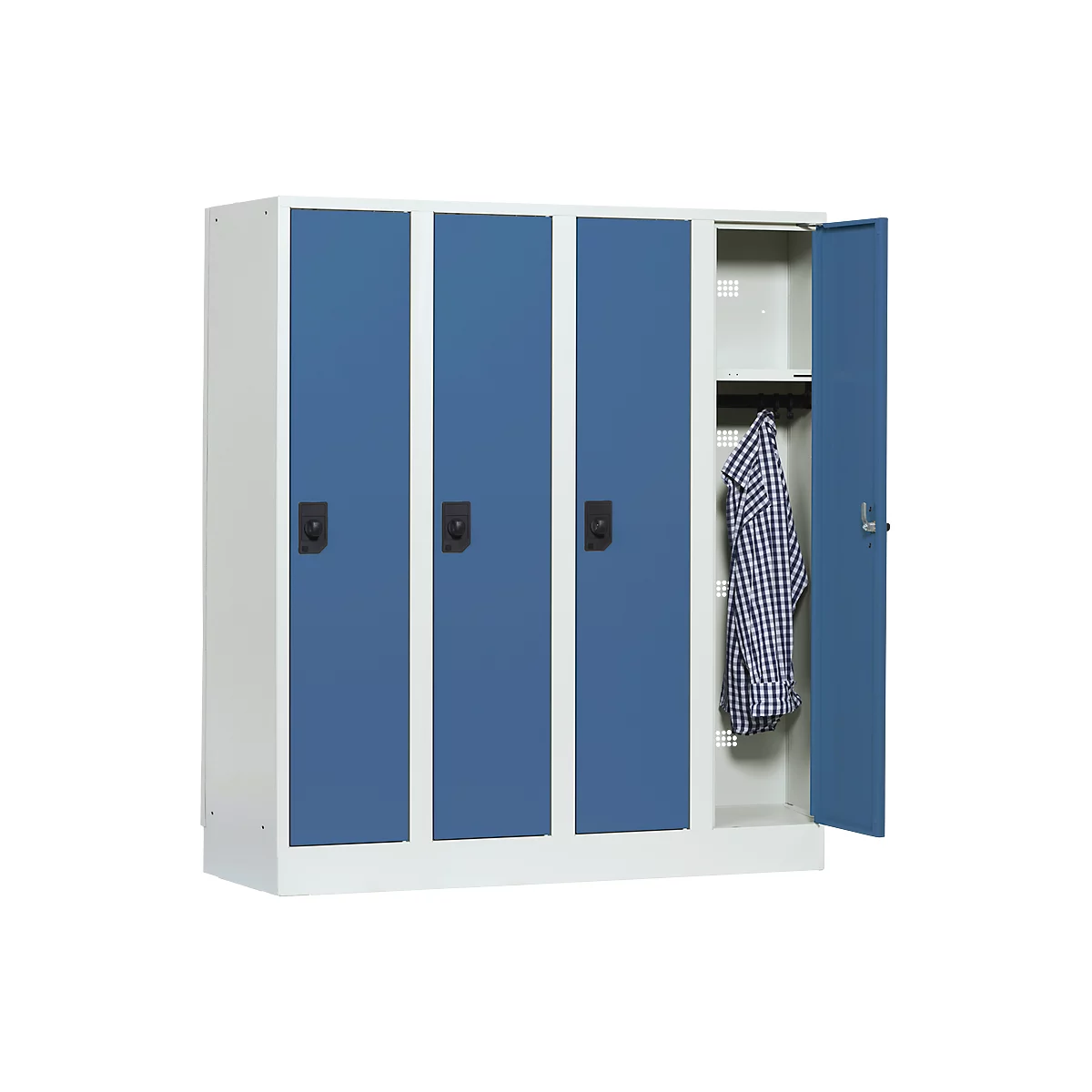 Schoollocker, compartimentbreedte 300 mm, veiligheidscilinderslot, 4 compartimenten, lichtgrijs/briljantblauw