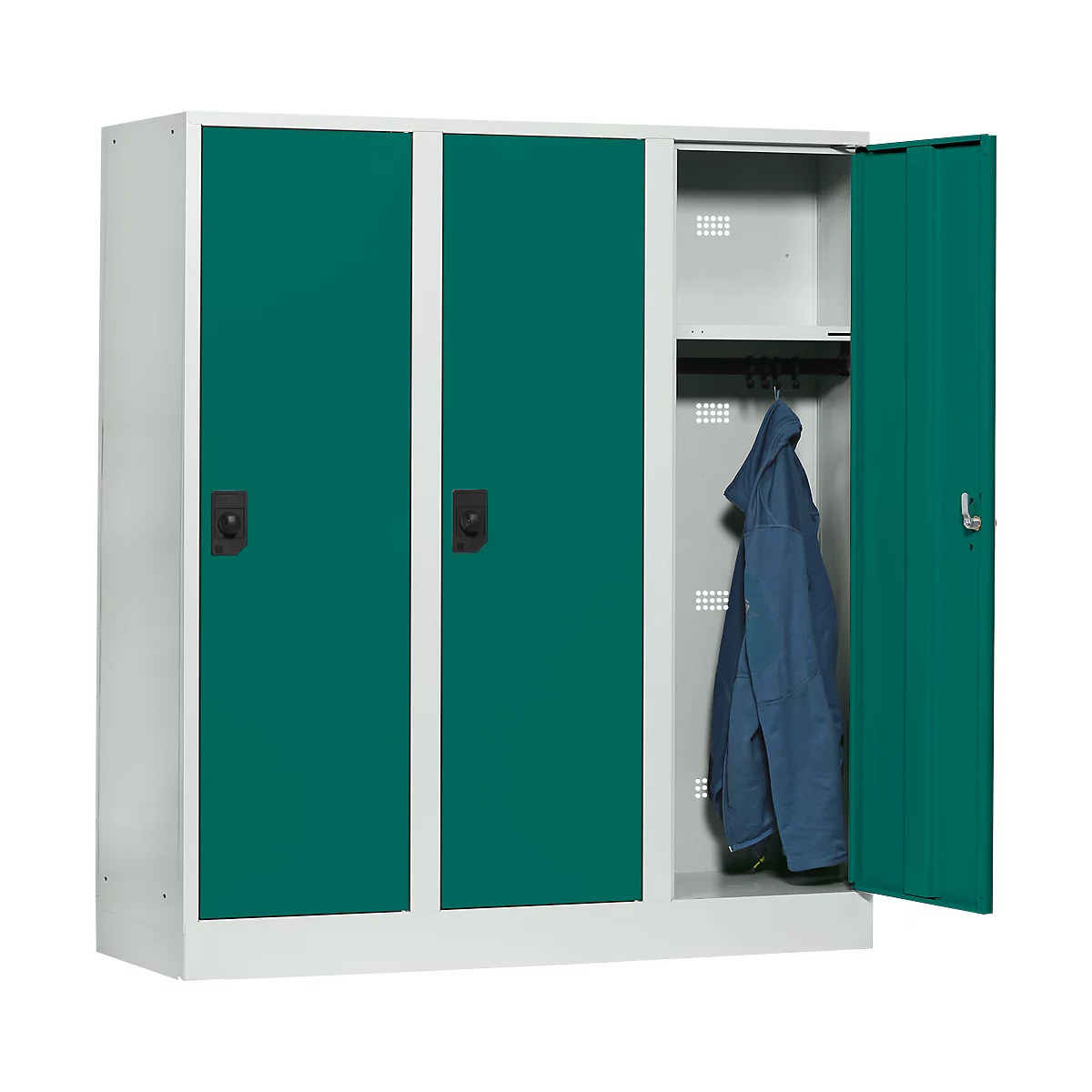 Schoollocker, compartimentbreedte 400 mm, 3 compartimenten, lichtgrijs/opaalgroen