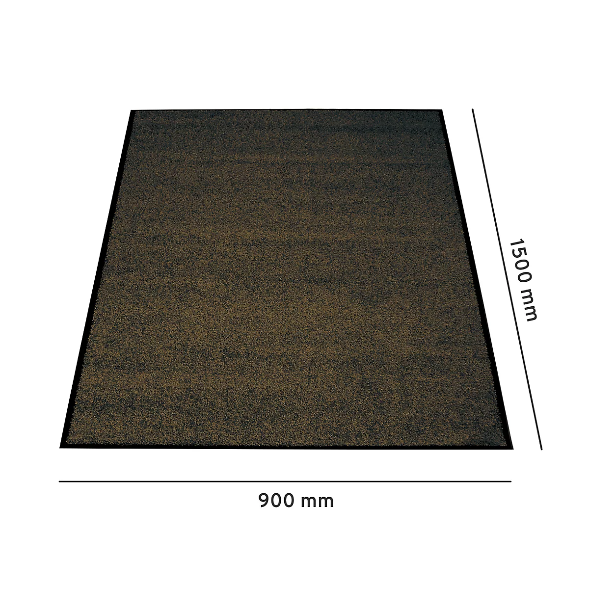 Rechthoekig tapijt, bruin gemêleerd met zwarte rand, toont afmetingen: 900 mm x 1500 mm.