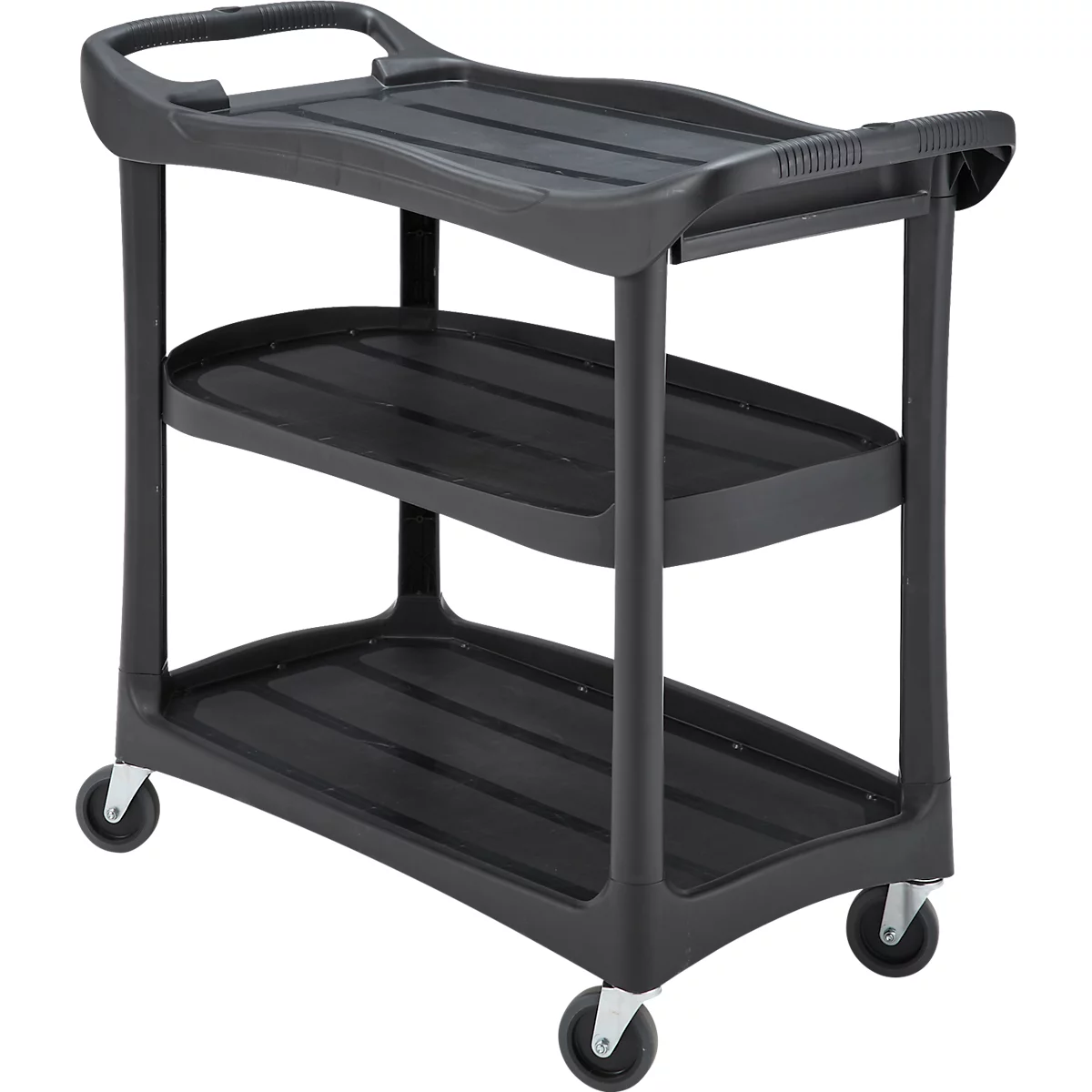 Zwarte serveerwagen met drie planken en vier wielen.