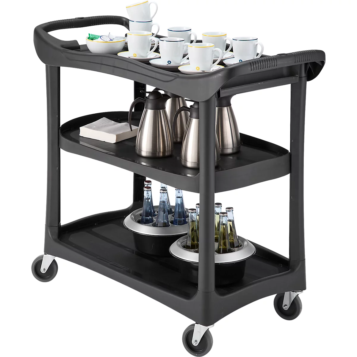 Zwarte serveerwagen met servies, thermoskannen, drankjes. Op wielen, met drie planken, handvat.