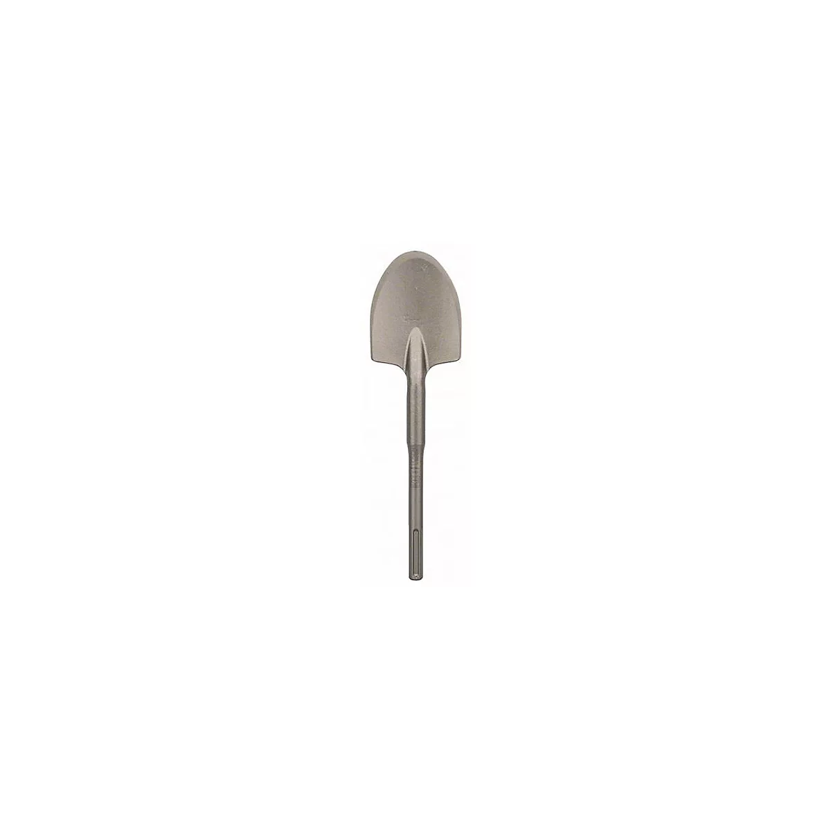 Een metalen schop in een bovenaanzicht. Het heeft een afgerond, breed blad en een smalle, cilindrische steel.