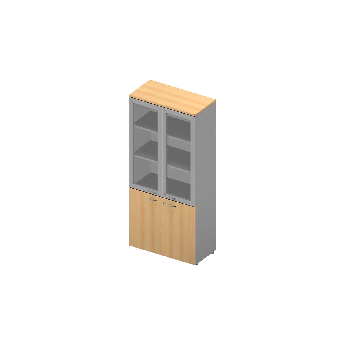 Schrank ARLON OFFICE, 5 Ordnerhöhen, 2 Glastüren m. Rahmen, 2 Melamintüren, H 2000 mm, Buche-Dekor/alu