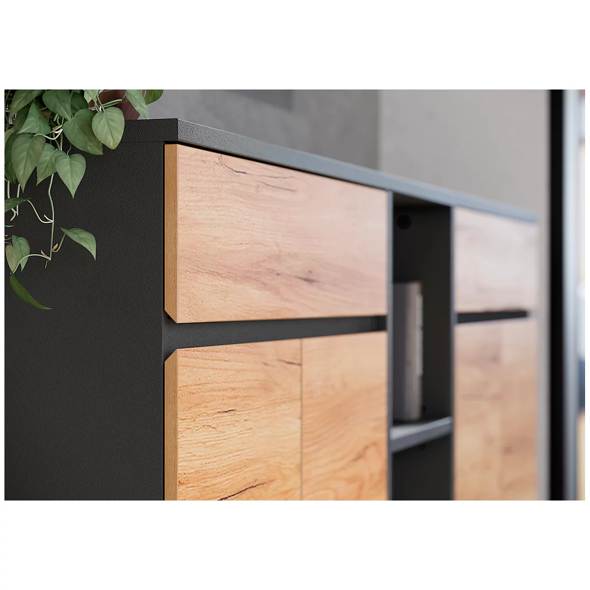 Schrank Boston, 3 Ordnerhöhen, B 800 x T 400 x H 1200 mm, Dekor Graphit & Navarra Eiche