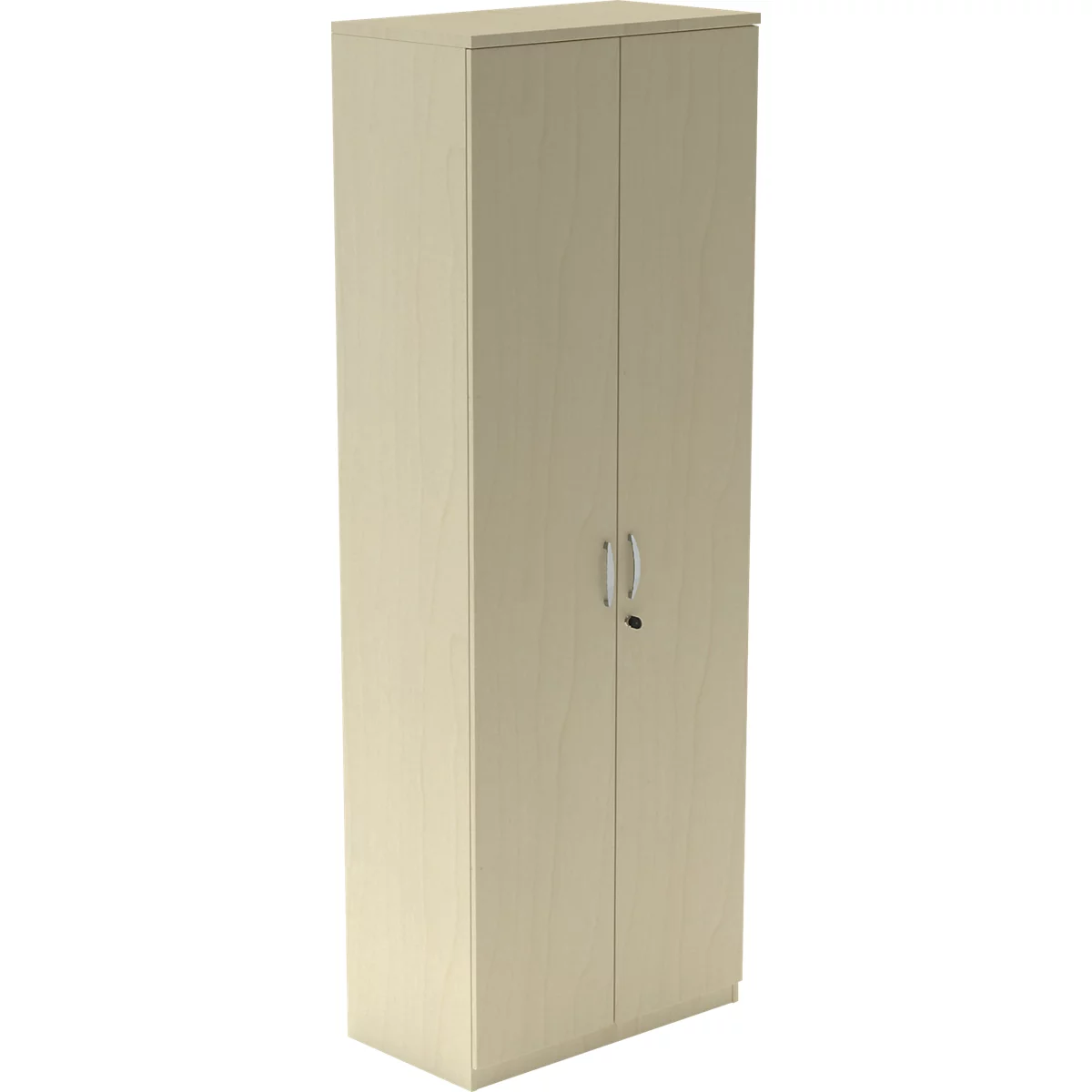 Hoher, zweitüriger Aktenschrank in hellem Holzdesign mit silbernen Griffen vor neutralem Hintergrund.