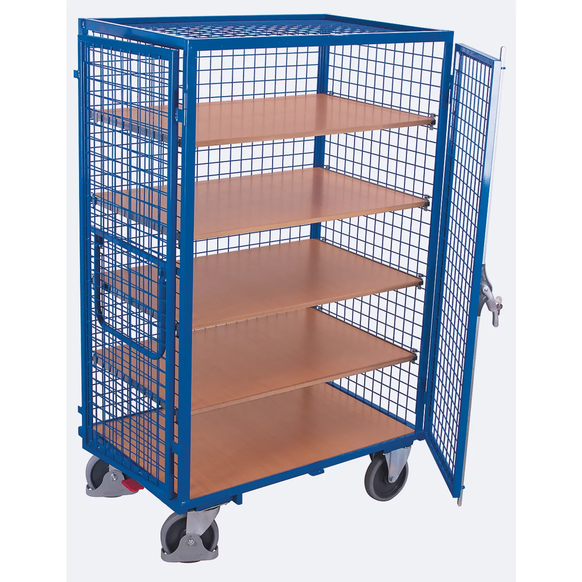 Schrankwagen, Stahl/MDF-Platte, Enzianblau/Buche-Dekor, 5 Etagen, 1045 x 685 mm, Dach und Doppelflügeltür, abschließbar, EasySTOP, bis 500 kg