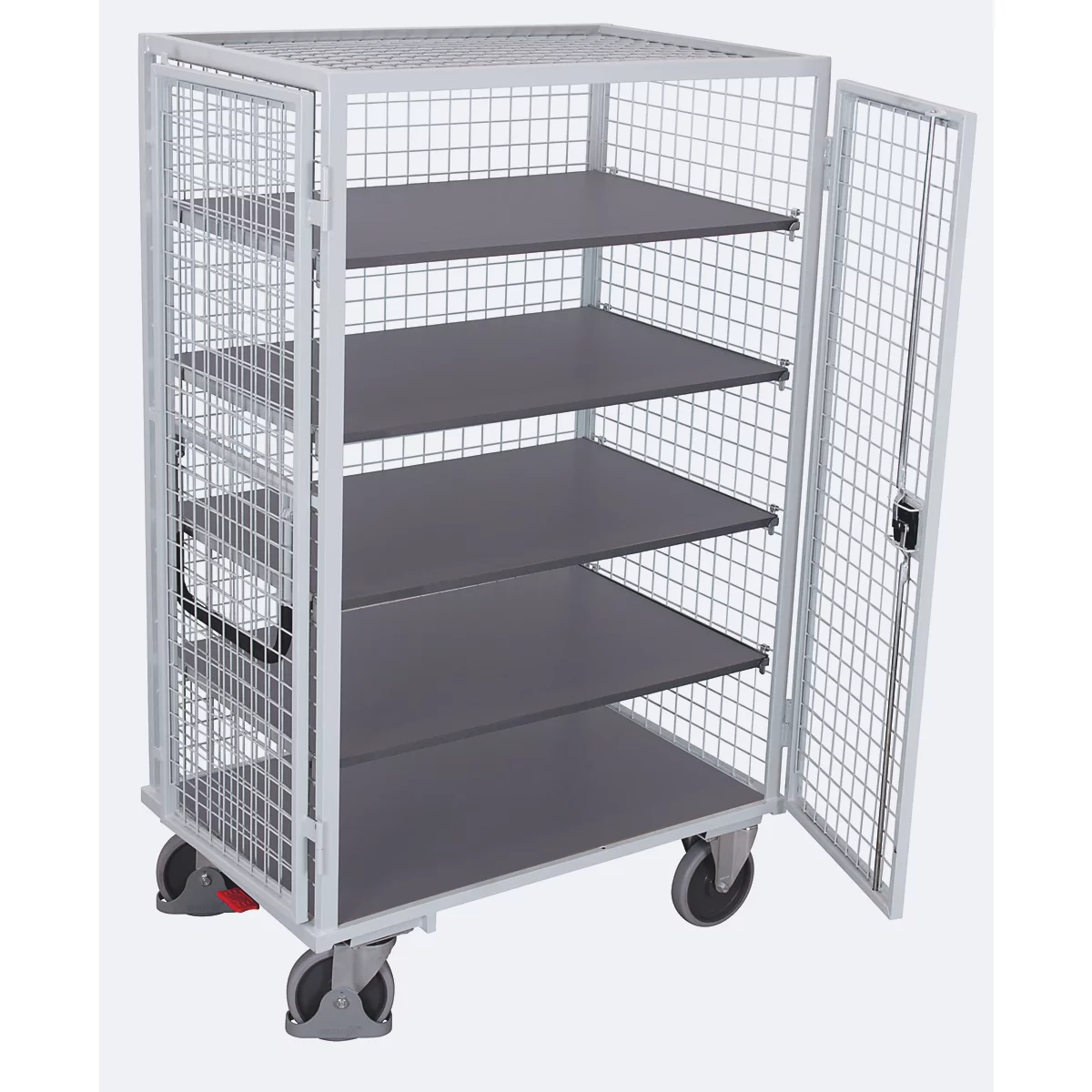 Schrankwagen, Stahl/MDF-Platte, Lichtgrau/dunkelgrau, 5 Etagen, 1245 x 785 mm, Dach und Doppelflügeltür, abschließbar, EasySTOP, bis 500 kg