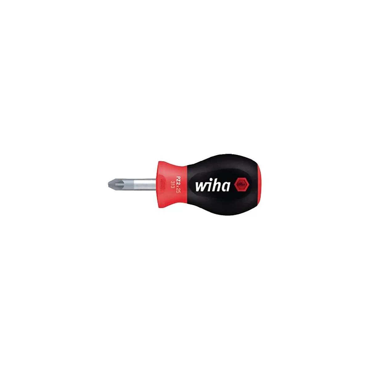 Kurzer Schraubendreher mit rotem und schwarzem Griff. Die Spitze ist silberfarben. Logo von Wiha.