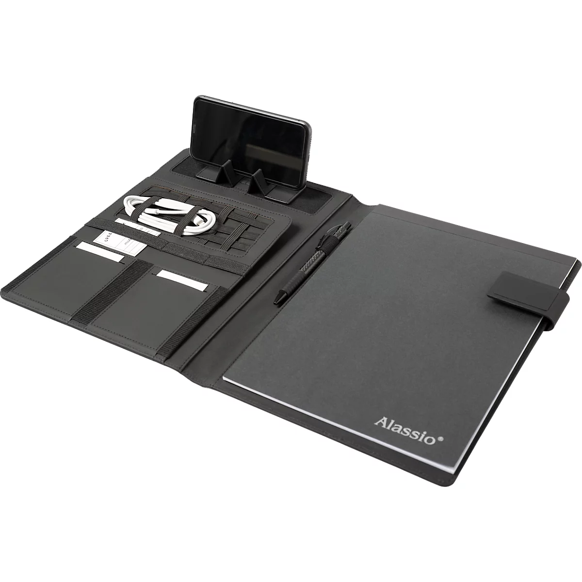 Schreibmappe Lightpak®, A4, Multifunktionsbänder, 1 Einsteckfach, Stifteschlaufe, Handy-/Tabletaufsteller, 1 Block, Magnetverschluss, RPET, anthrazit