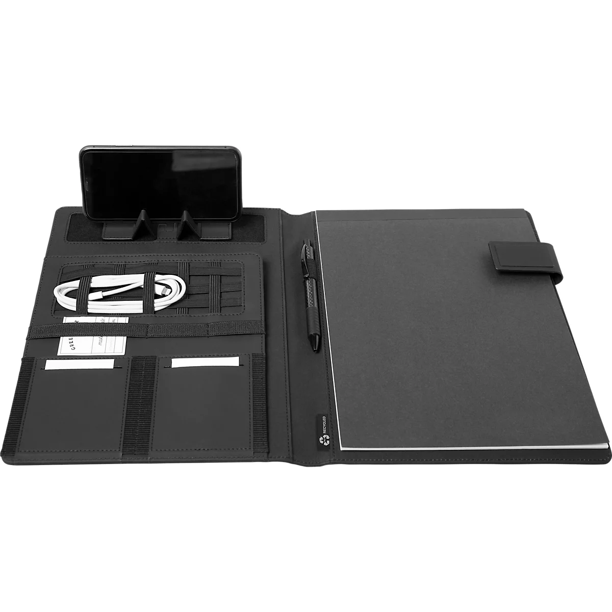 Schreibmappe Lightpak®, A4, Multifunktionsbänder, 1 Einsteckfach, Stifteschlaufe, Handy-/Tabletaufsteller, 1 Block, Magnetverschluss, RPET, anthrazit