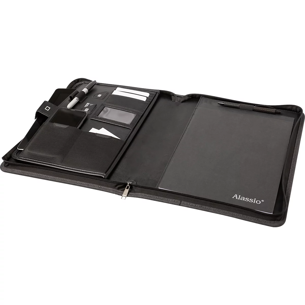 Schreibmappe Lightpak®, A4, Tabletfach, 2 SD-Kartenfächer, Dokumentenfach, Multifunktionsbänder, Stifteschlaufe, Block, Ringmechanik, RPET, anthrazit