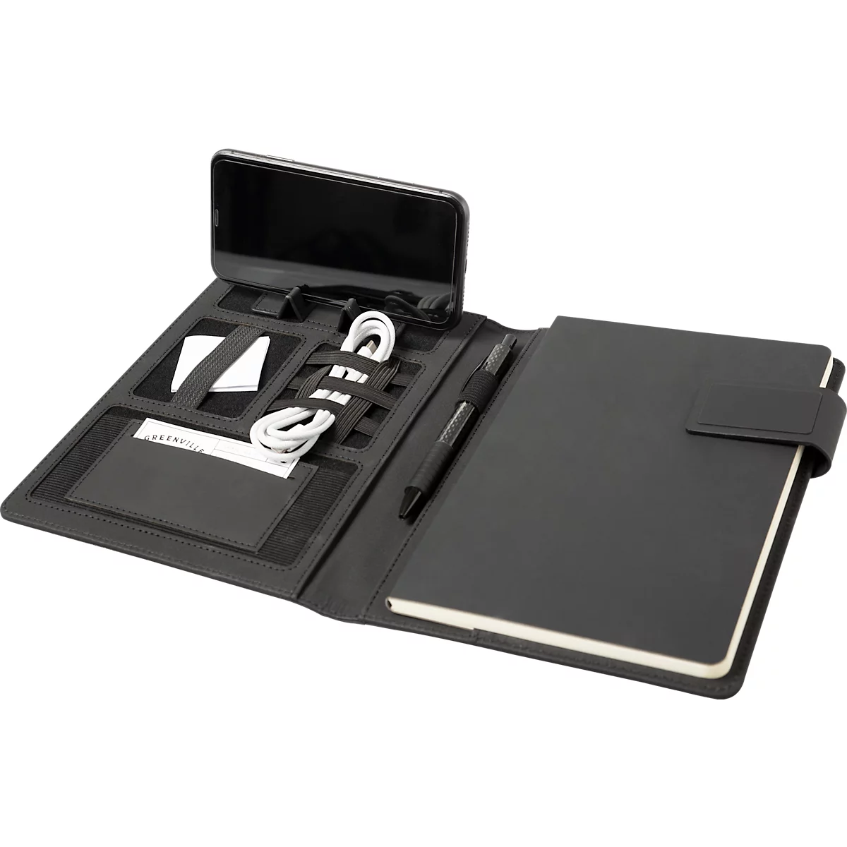 Schreibmappe Lightpak®, A5, Multifunktionsbänder, 1 Einsteckfach, Stifteschlaufe, Handy-/Tabletaufsteller, 1 Block, Magnetverschluss, RPET, anthrazit