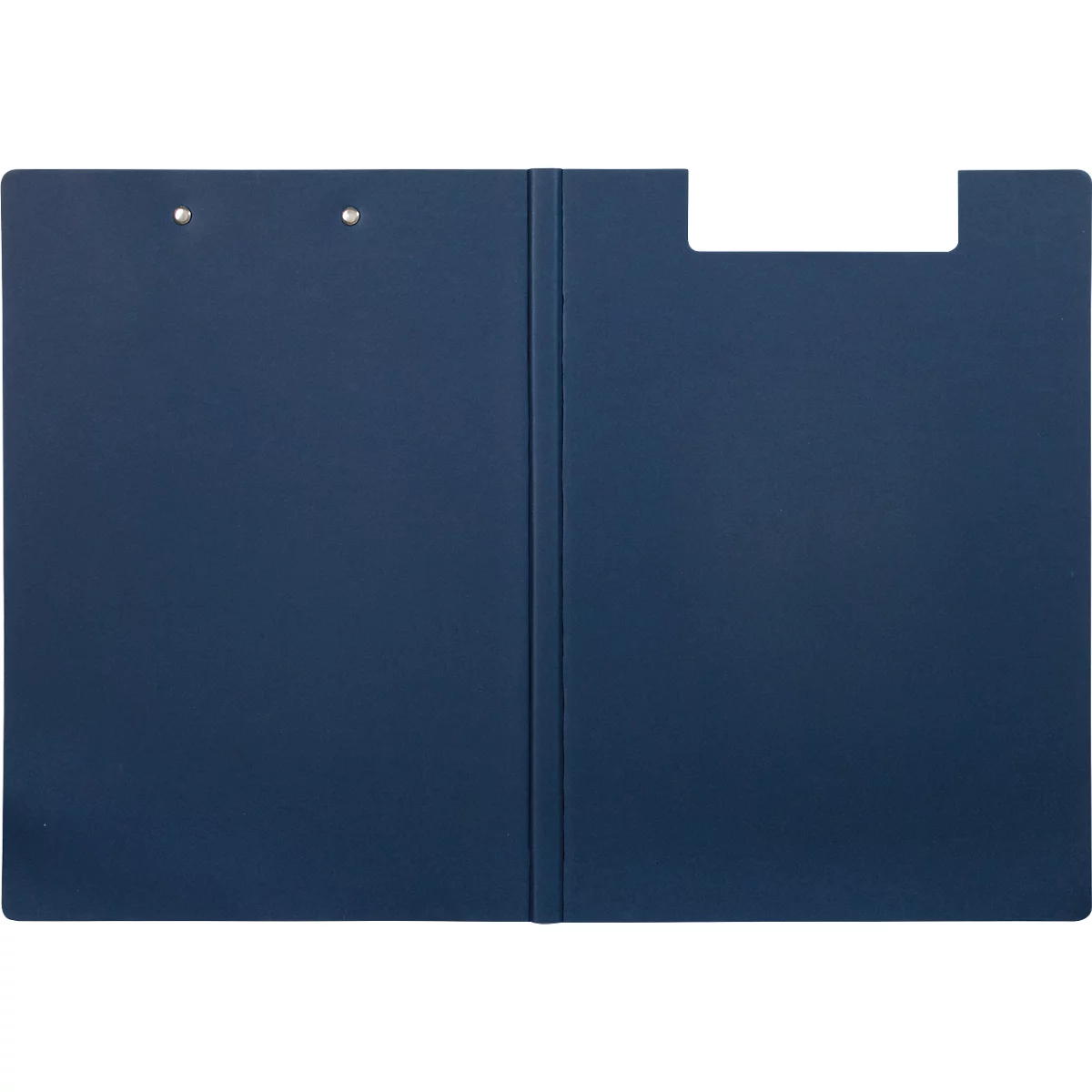 Blaues Klemmbrett, offen, mit Halterung für Papier.