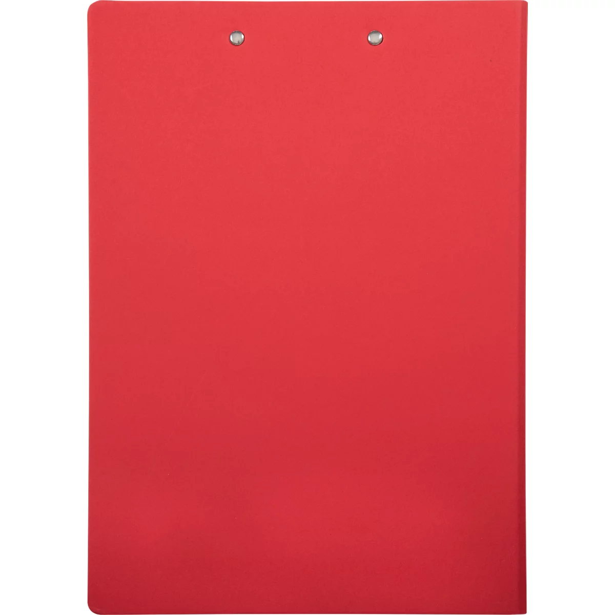 Eine rote Klemmbrett mit Metallklammern oben.