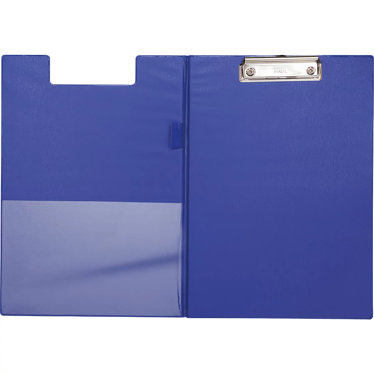 Blaues Klemmbrett, geöffnet, mit einer transparenten Tasche und einem Metall-Clip.