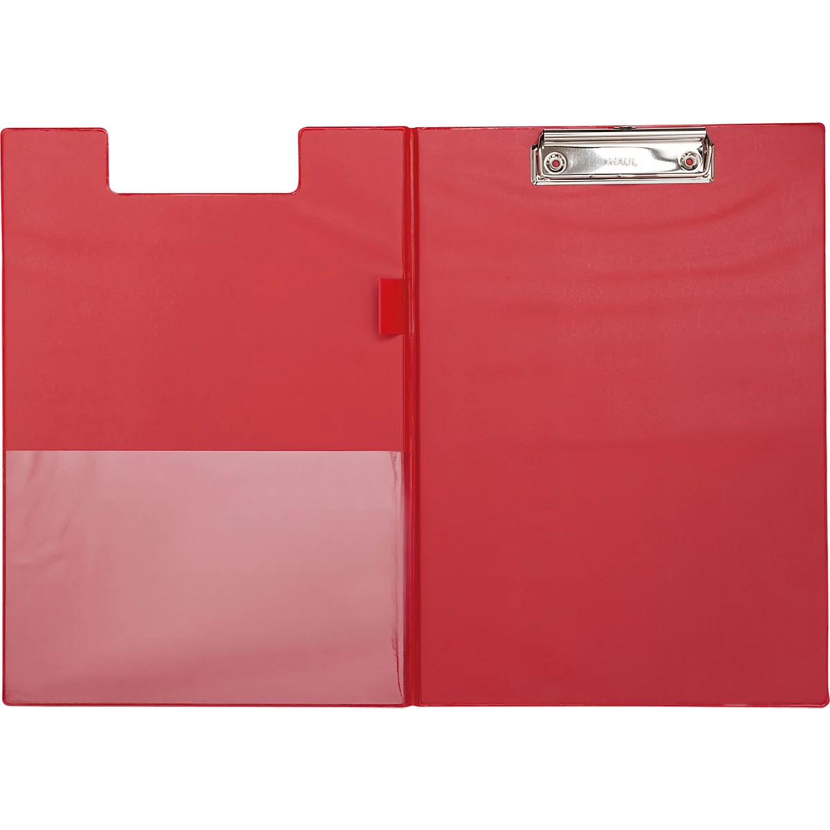 Rote Klemmbrettmappe geöffnet, mit Metallclip, transparentem Fach und Griff. Der Hintergrund ist weiß.