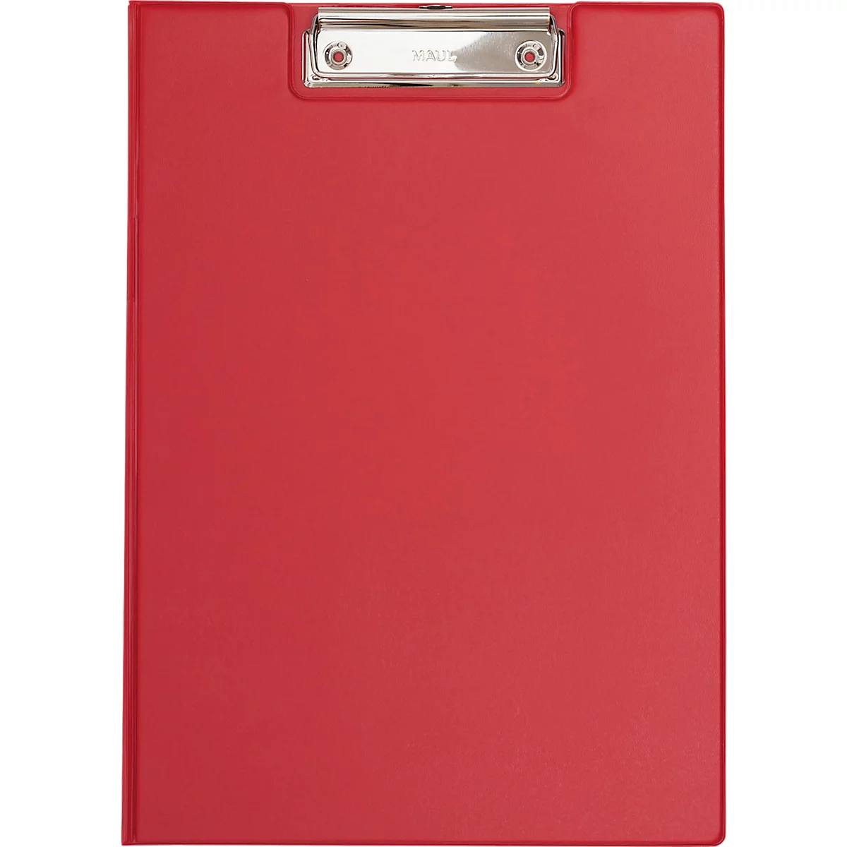 Rote Klemmbrett, silberne Klammer, Schriftzug.