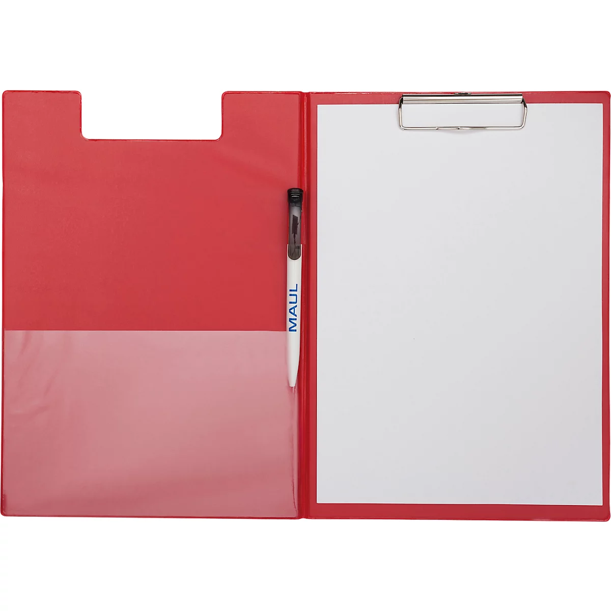 Rote Klemmbrettmappe mit Stift. Rechts das Klemmbrett mit weißem Papier, links eine Tasche mit Stifthalter und einem Stift.
