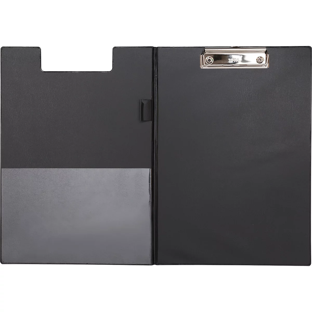 Schwarzes Klemmbrett mit Metallclip, das an einem Scharnier aufgeklappt ist.
