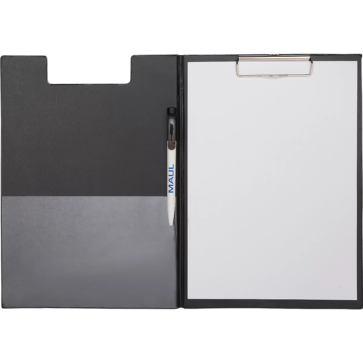 Schwarze Klemmmappe mit Stift und weißem Papier. Der Stift hat den Schriftzug MAUL.