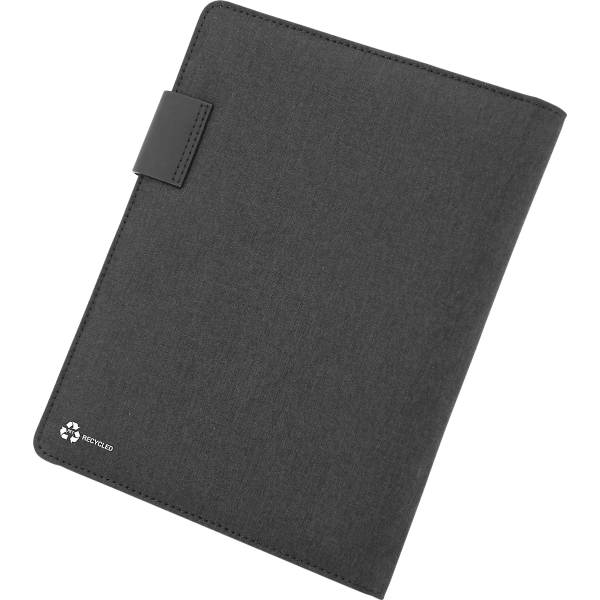 Schwarzes Notizbuch-Etui mit Smartphone-Halterung, Stift, Kabel und Notizblock.