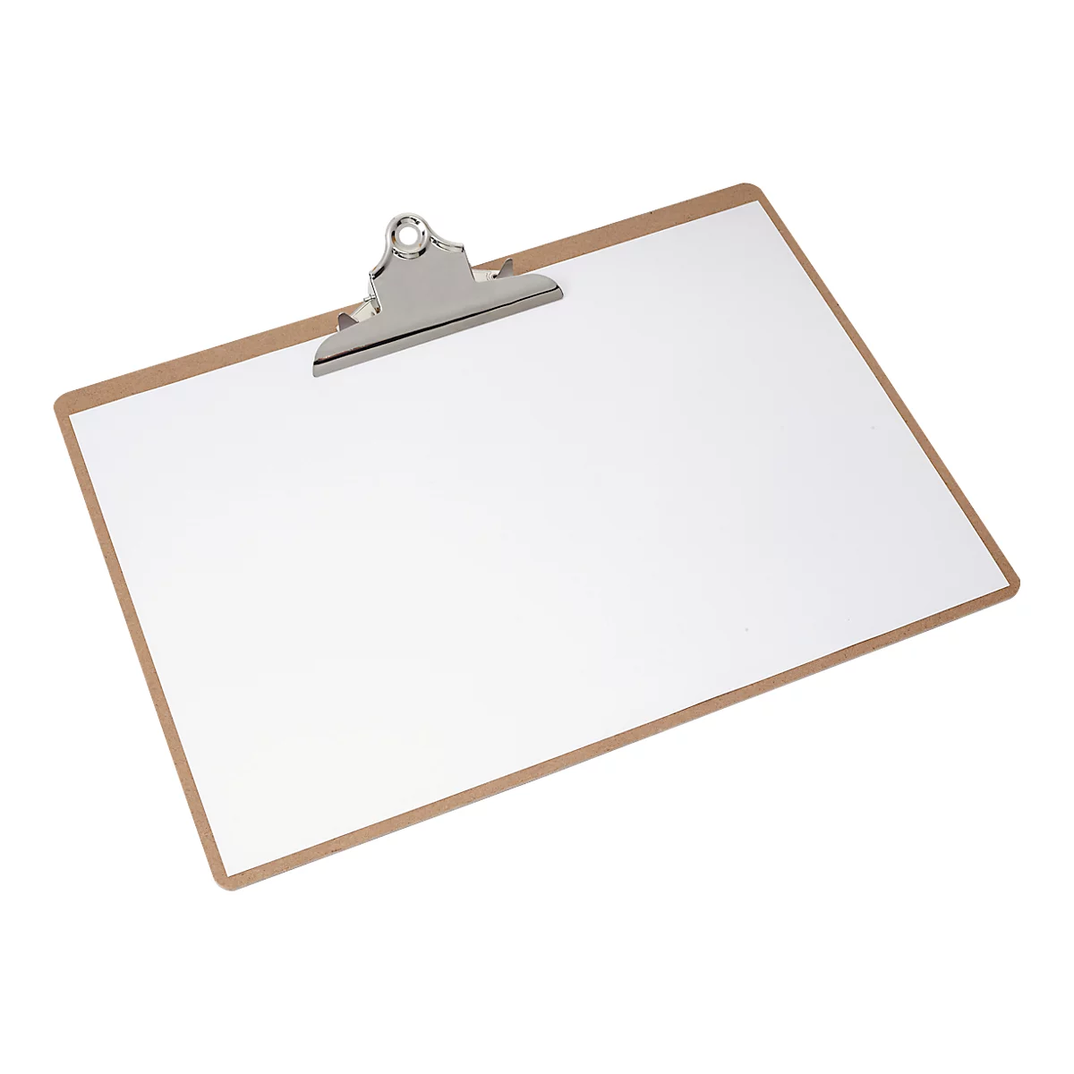 Klemmbrett mit silberner Klammer und weißem Papier. Brauner Rahmen.