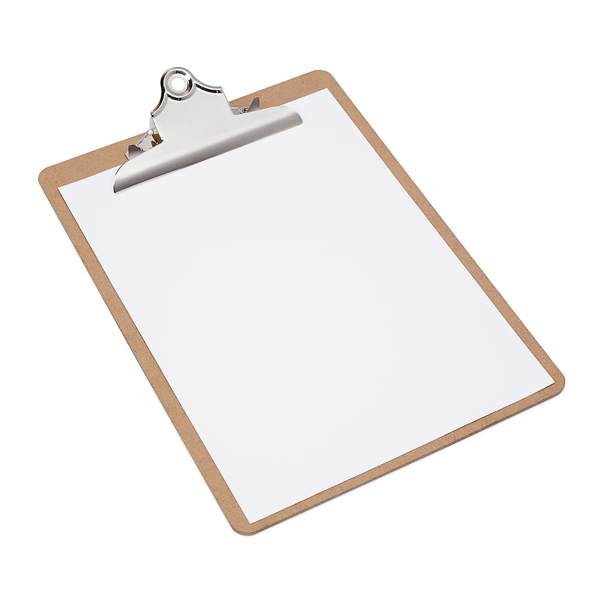Klemmbrett mit braunem Rahmen und silberner Klammer, leerem weißen Blatt.