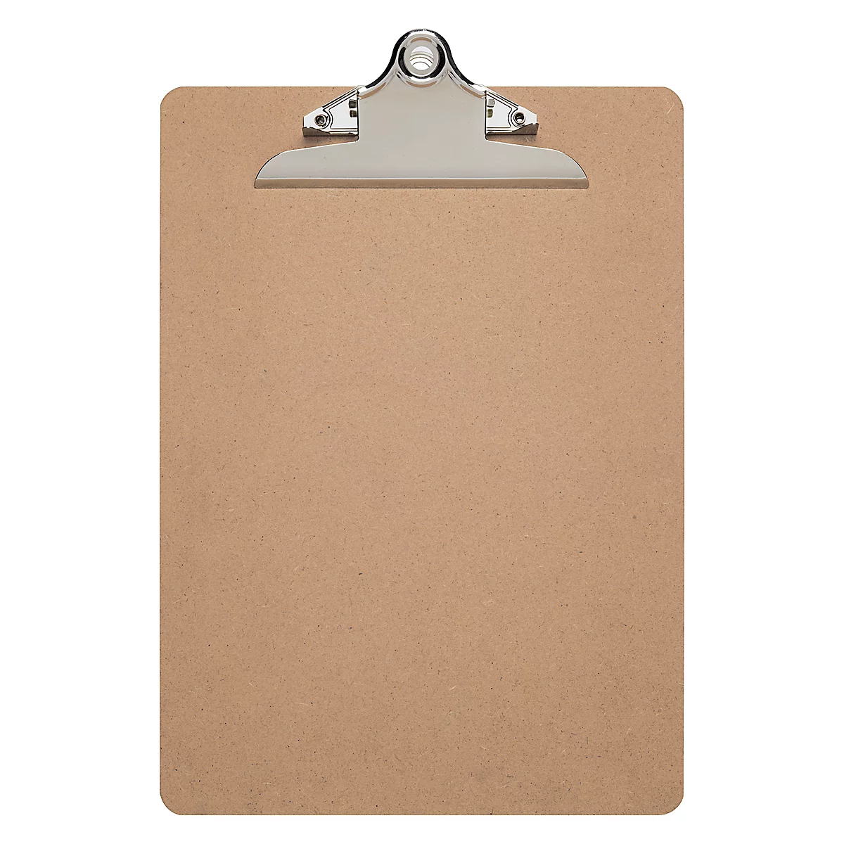 Klemmbrett aus braunem Karton mit silberfarbener Metallklemme.