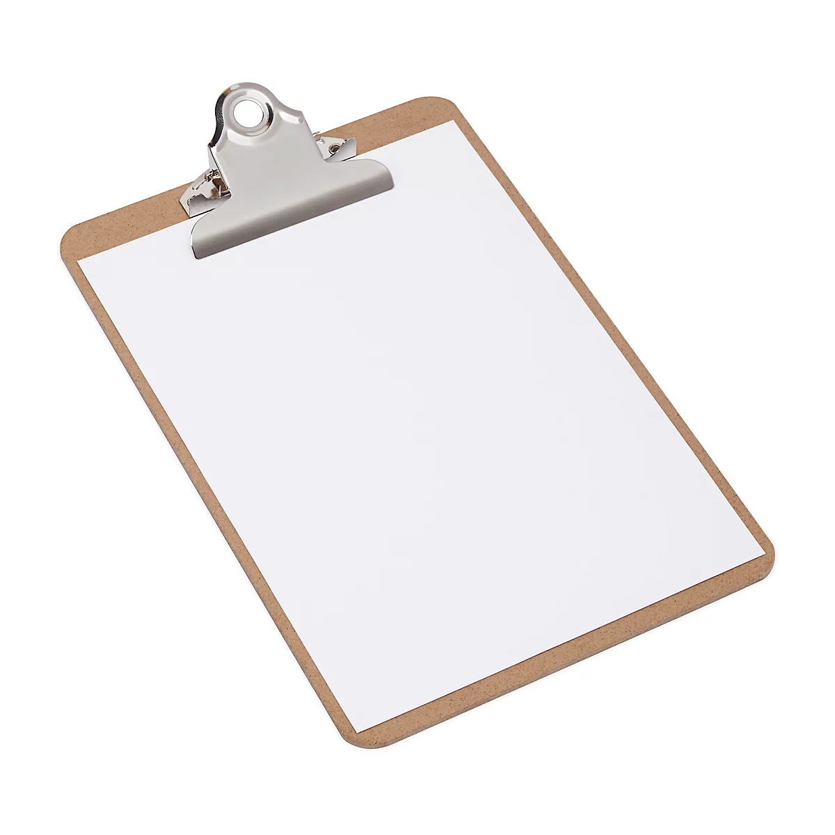 Klemmbrett aus braunem Holz mit silberner Klammer und weißem Papier.