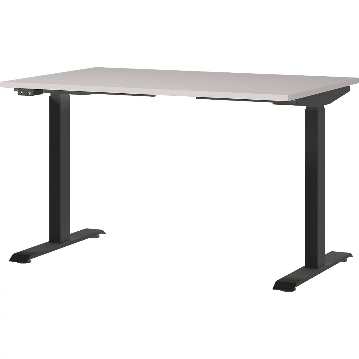Schreibtisch Aalborg, elektrisch höhenverstellbar, Rechteck, bis 80 kg, T-Fuß Gestell, B 1200 x T 800 x H 720 – 1200 mm, kaschmir/schwarzgrau