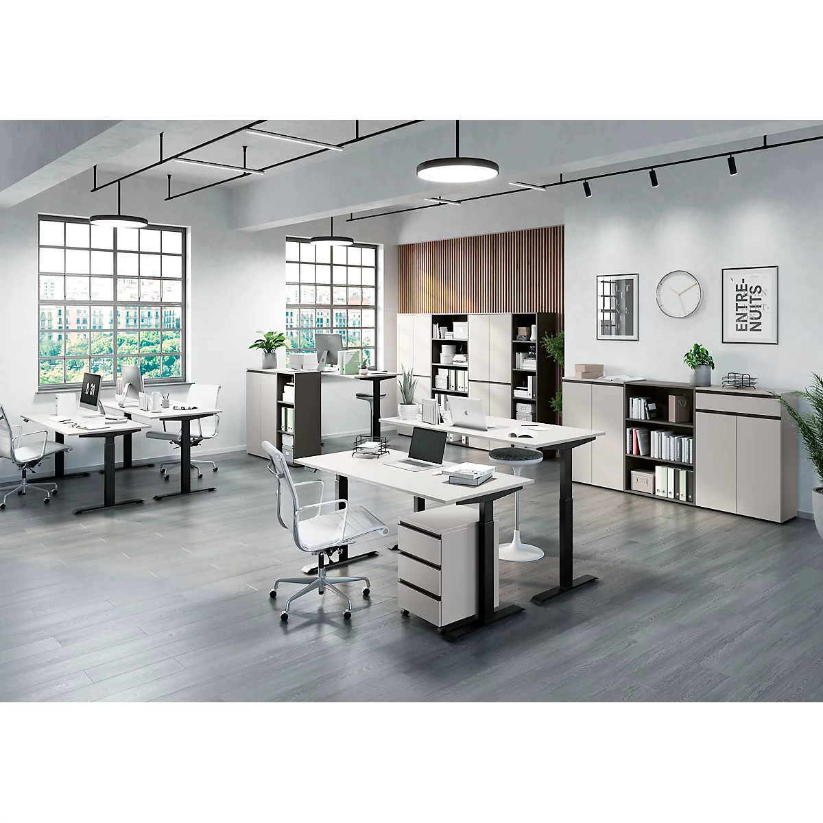 Schreibtisch Aalborg, elektrisch höhenverstellbar, Rechteck, bis 80 kg, T-Fuß Gestell, B 1600 x T 800 x H 720 – 1200 mm, kaschmir/schwarzgrau