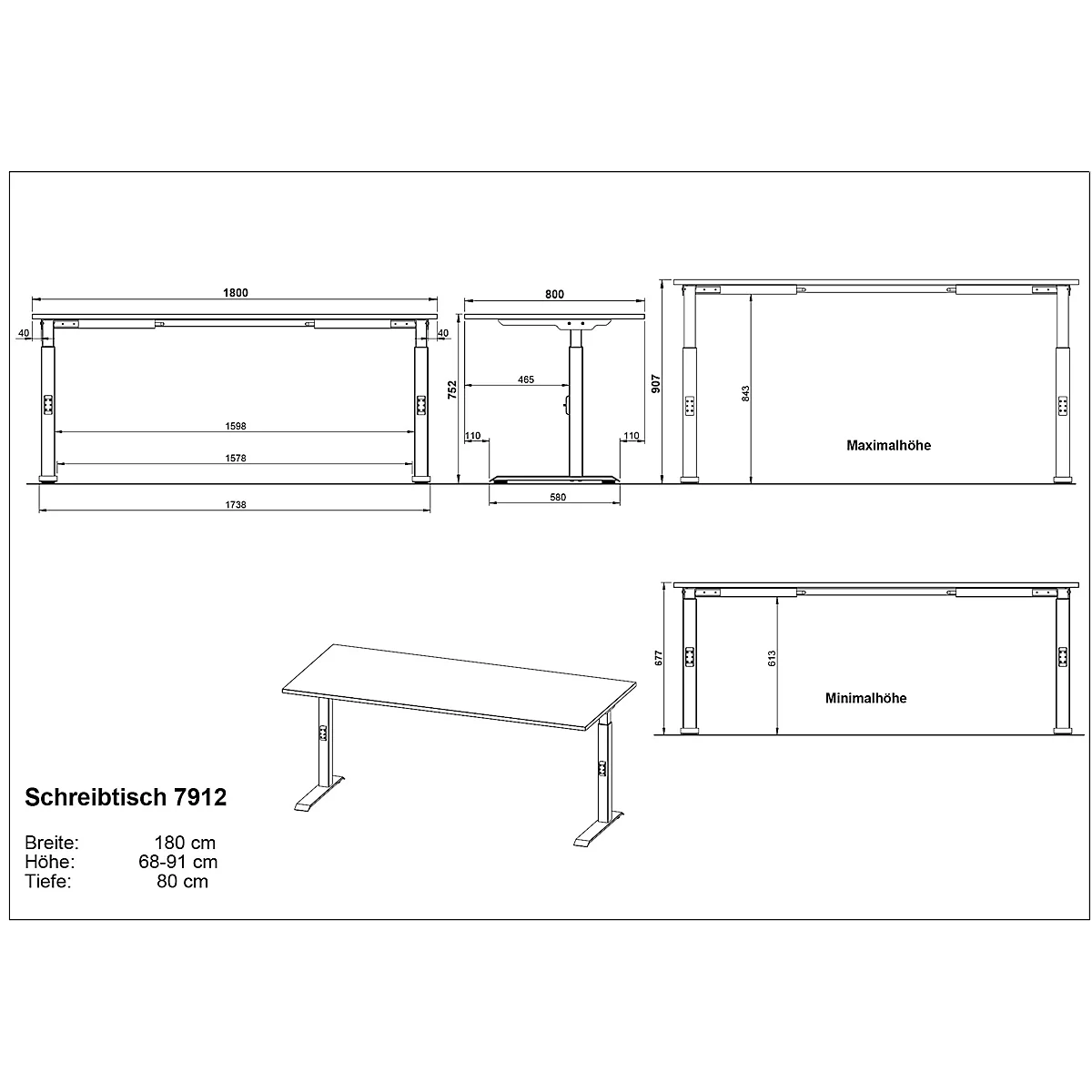 Schreibtisch Aalborg, mechanisch höhenverstellbar, bis 80 kg, Rechteck, C-Fuß, B 1800 x T 800 x H 680 - 910 mm, graphit/schwarzgrau