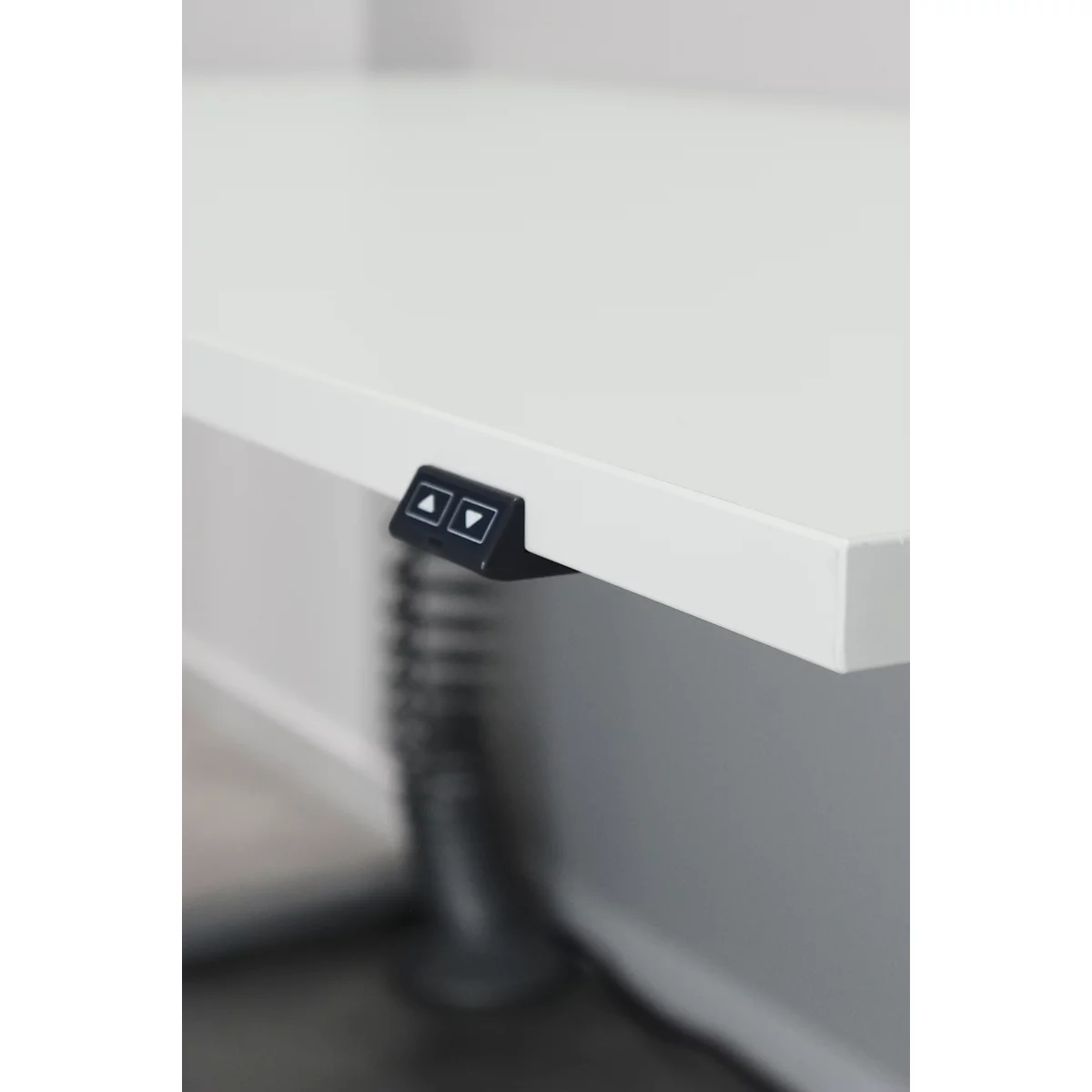 Schreibtisch Agenda, einstufig elektrisch höhenverstellbar, T-Fuss, B 1600 x T 800 x H 730-1200 mm, lichtgrau/schwarz