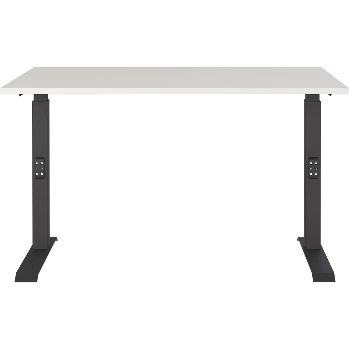 Ein weißer höhenverstellbarer Schreibtisch mit schwarzem Gestell, vor weißem Hintergrund.