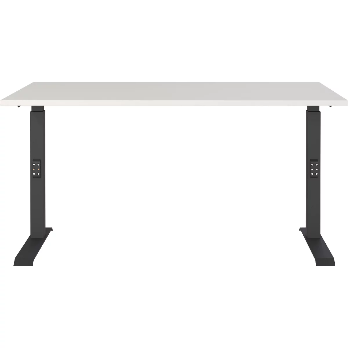 Ein höhenverstellbarer Schreibtisch mit weißer Tischplatte und schwarzen Füßen. An den Füßen befinden sich Bedienknöpfe.