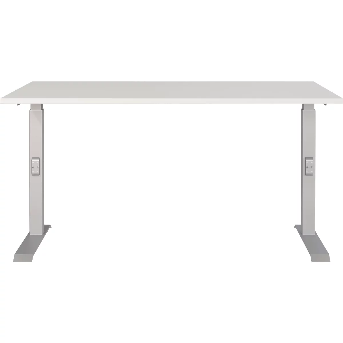 Weißer Schreibtisch mit höhenverstellbaren Beinen. Die Tischplatte ist rechteckig, die Beine grau mit Bedienfeld.
