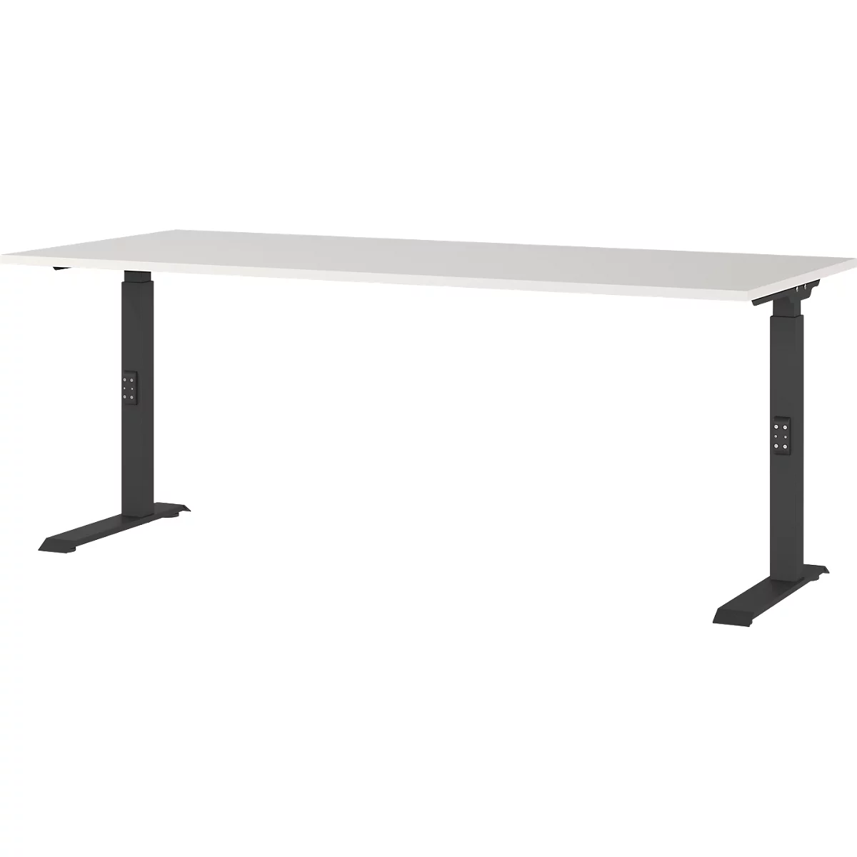 Schreibtisch mit höhenverstellbaren Beinen und weißer Tischplatte auf weißem Hintergrund.