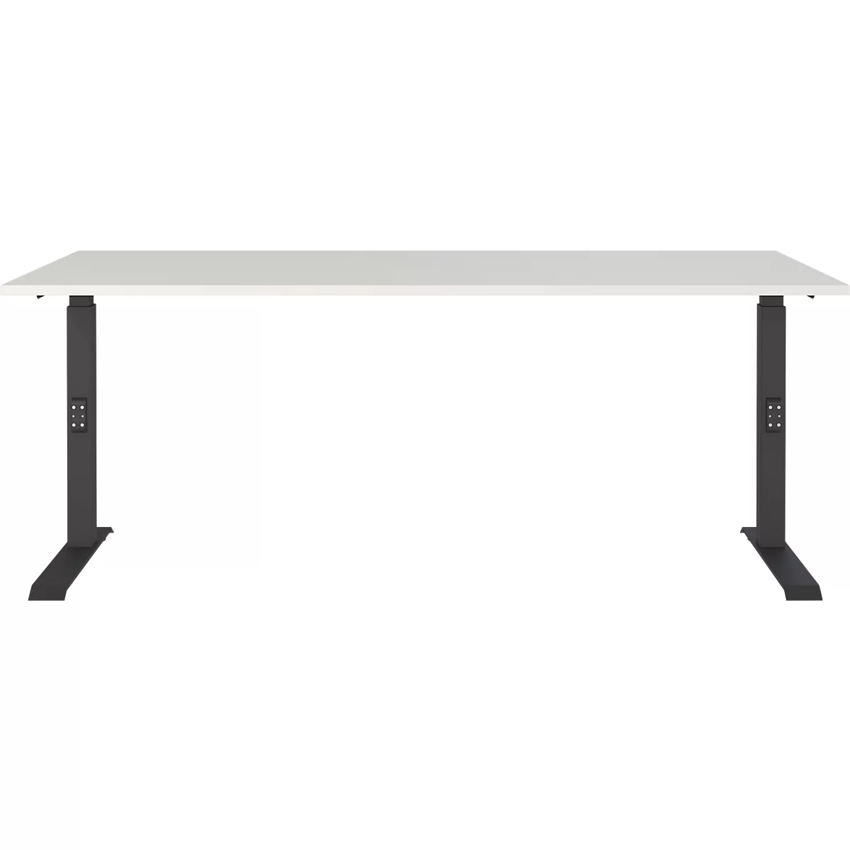 Ein weißer Schreibtisch mit grauen Beinen. Die Höhe ist verstellbar. Auf den Beinen befindet sich eine Steuerung.