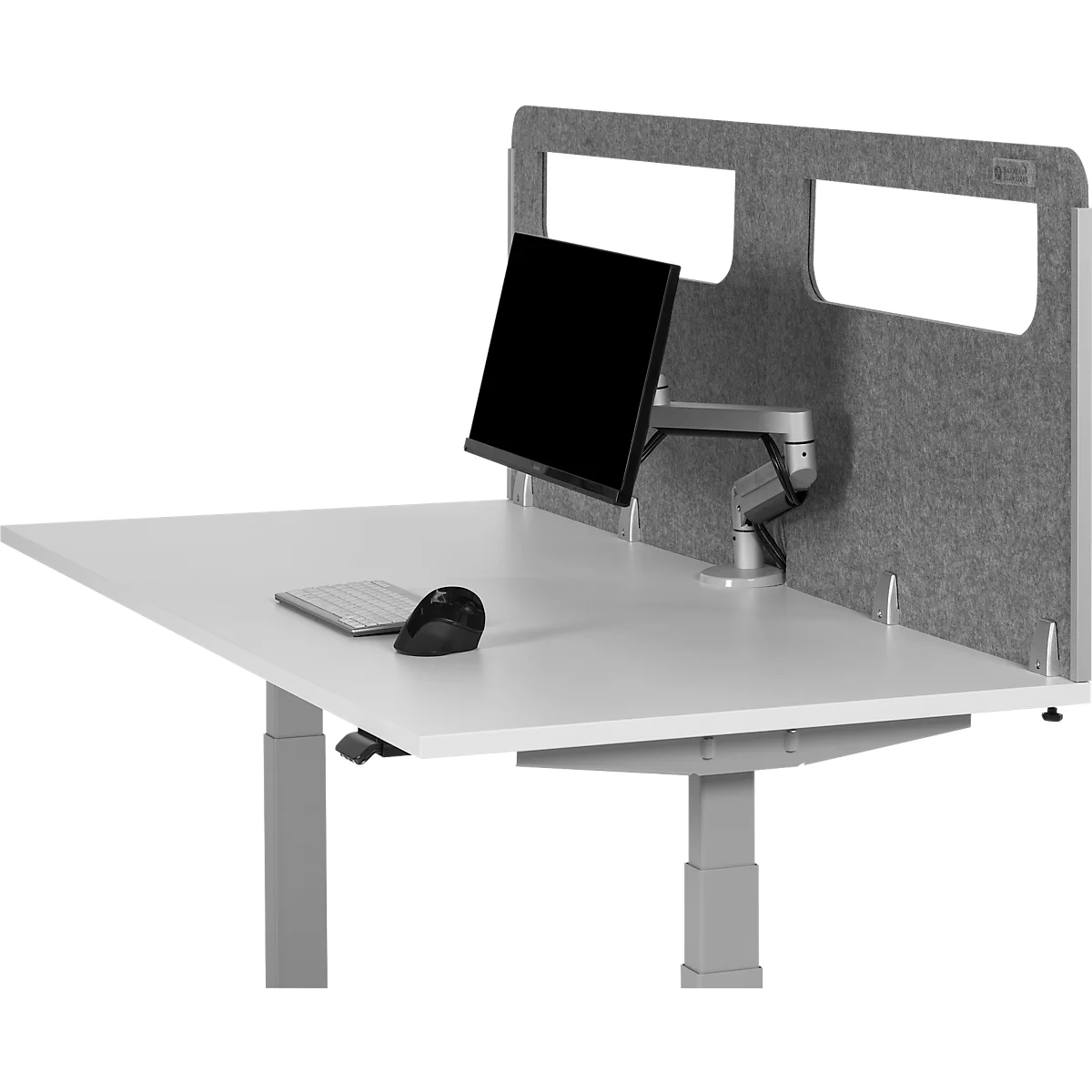 Ein grauer Schreibtisch mit Monitor, Tastatur und Maus. Grau gefilzter Bildschirm und höhenverstellbare Beine.