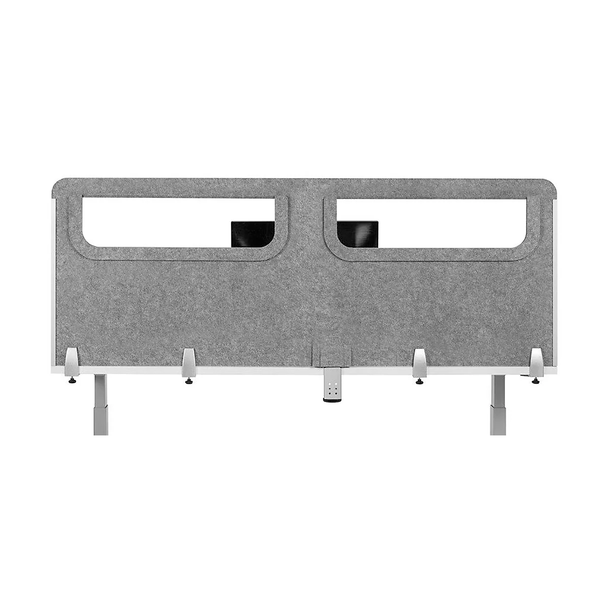 Grauer Schreibtischaufsatz mit zwei rechteckigen Öffnungen, der an einem weißen Tisch befestigt ist.